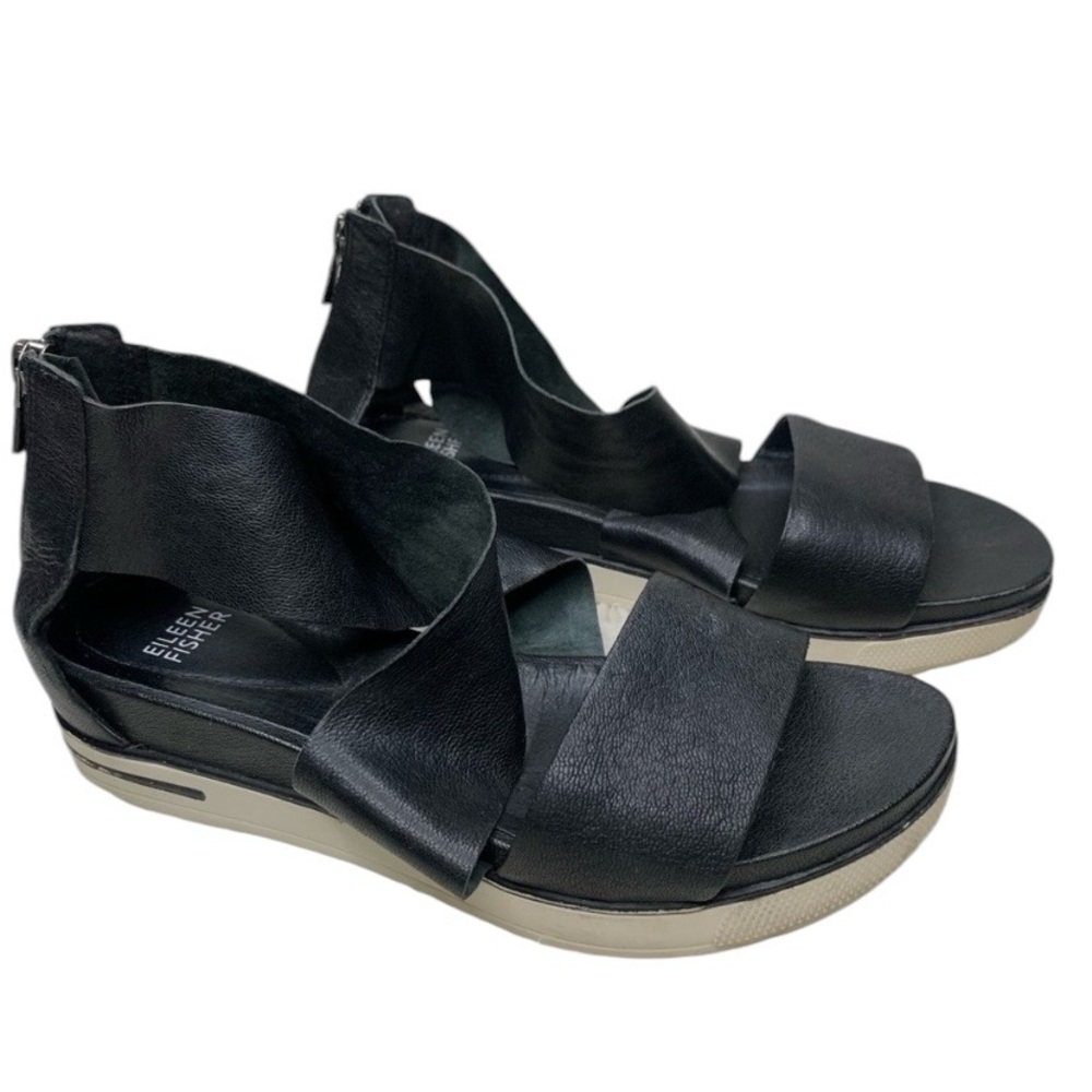 Eileen Fisher Size 8 Sport Criss Cross Tumbled Leather Sandals Black